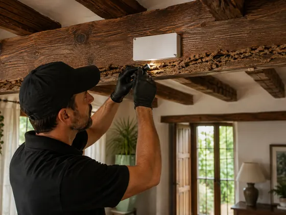 Técnico inspeccionando una viga de madera con indicios de termitas y estación Wallbox instalada